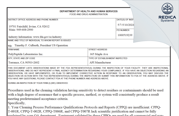 FDA 483 - Polypeptide Laboratories, Inc. [Torrance / United States of America] - Download PDF - Redica Systems