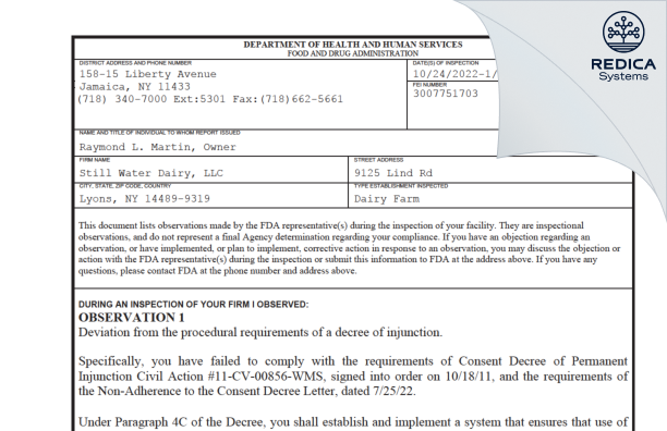 FDA 483 - Still Water Dairy, LLC [Lyons / United States of America] - Download PDF - Redica Systems