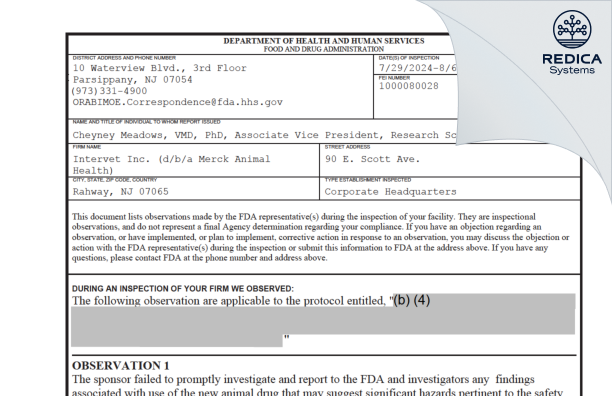 FDA 483 - Intervet, Inc [Madison / United States of America] - Download PDF - Redica Systems