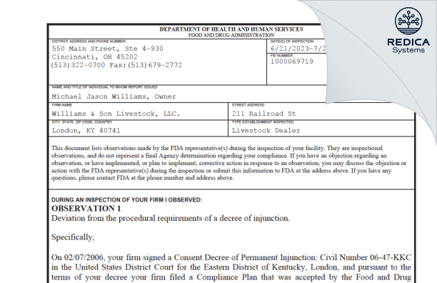 FDA 483 - Williams & Son Livestock, LLC. [London / United States of America] - Download PDF - Redica Systems