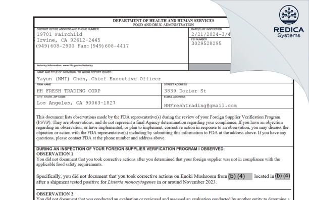 FDA 483 - HH FRESH TRADING CORP [Los Angeles / United States of America] - Download PDF - Redica Systems