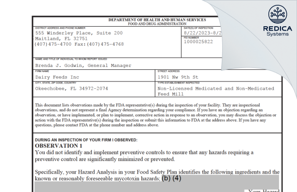 FDA 483 - Dairy Feeds Inc [Okeechobee / United States of America] - Download PDF - Redica Systems