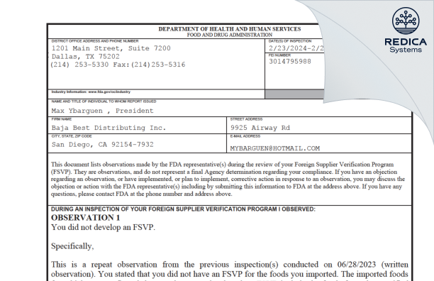 FDA 483 - Baja Best Distributing Inc. [San Diego / United States of America] - Download PDF - Redica Systems