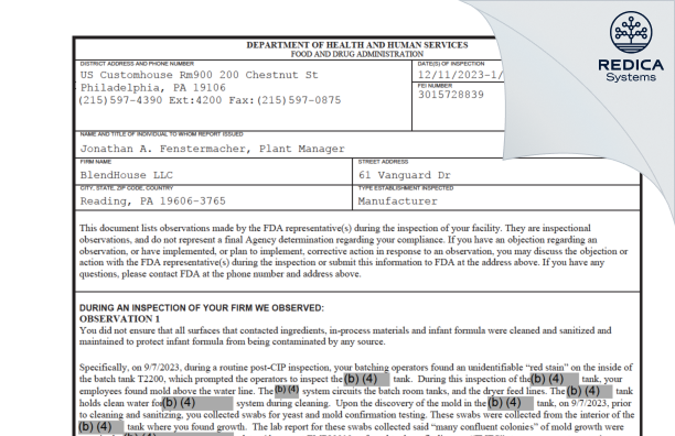 FDA 483 - BlendHouse LLC [Reading / United States of America] - Download PDF - Redica Systems