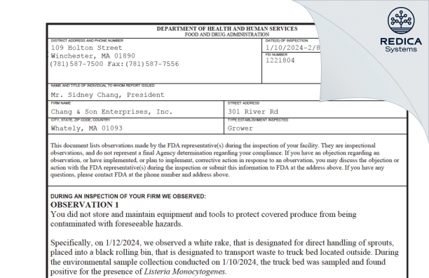 FDA 483 - Chang & Son Enterprises, Inc. [South Deerfield / United States of America] - Download PDF - Redica Systems