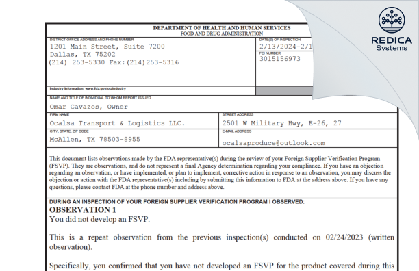 FDA 483 - Ocalsa Transport & Logistics LLC. [Mcallen / United States of America] - Download PDF - Redica Systems