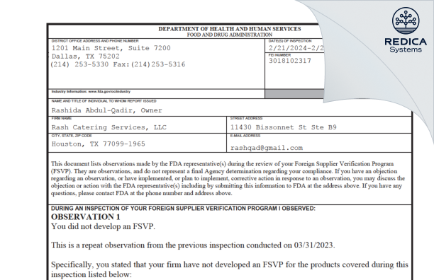 FDA 483 - Rash Catering Services, LLC [Houston / United States of America] - Download PDF - Redica Systems