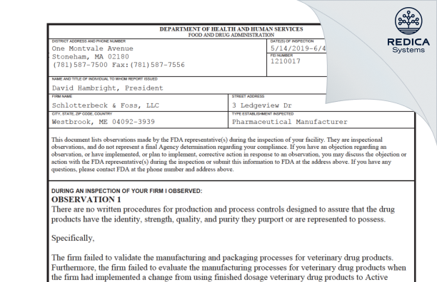 FDA 483 - Schlotterbeck & Foss, LLC [Westbrook / United States of America] - Download PDF - Redica Systems