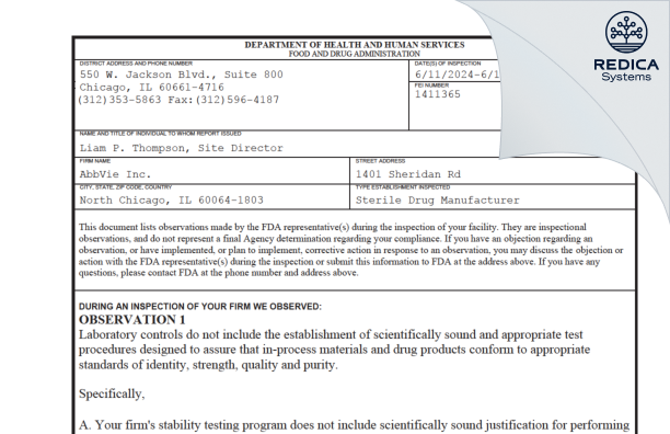 FDA 483 - AbbVie Inc. [North Chicago / United States of America] - Download PDF - Redica Systems