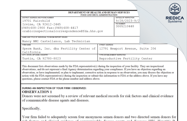 FDA 483 - Sperm Bank, Inc. dba Fertility Center of California [Tustin / United States of America] - Download PDF - Redica Systems