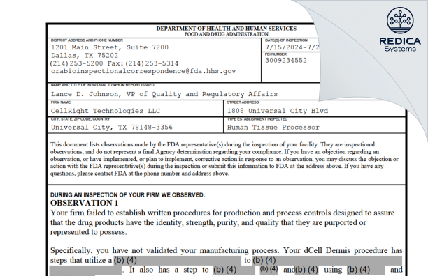 FDA 483 - CellRight Technologies LLC [Universal City / United States of America] - Download PDF - Redica Systems