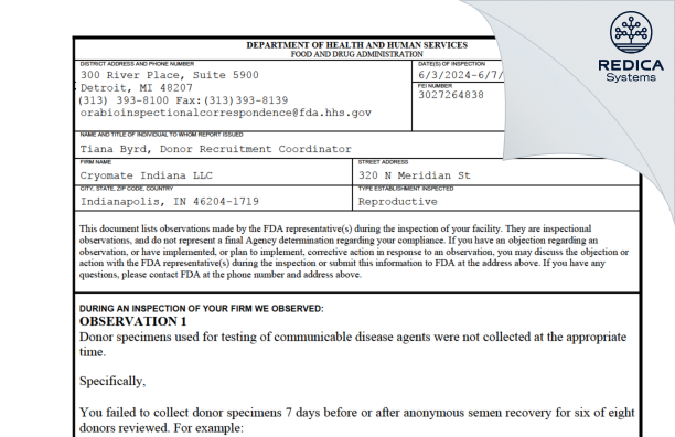 FDA 483 - Cryomate Indiana LLC [Indianapolis / United States of America] - Download PDF - Redica Systems