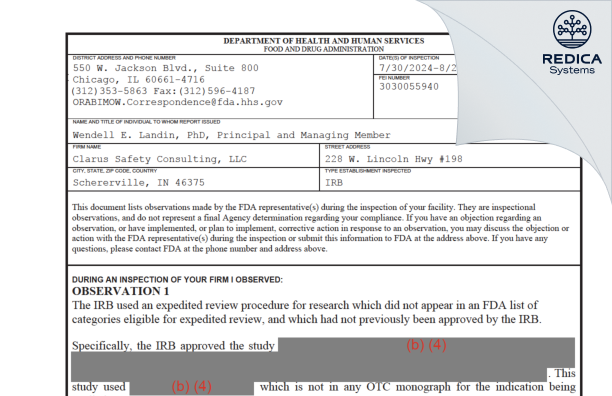 FDA 483 - Clarus Safety Consulting, LLC [Schererville / United States of America] - Download PDF - Redica Systems