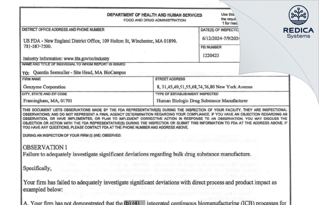 FDA 483 - Genzyme Corporation [Framingham / United States of America] - Download PDF - Redica Systems