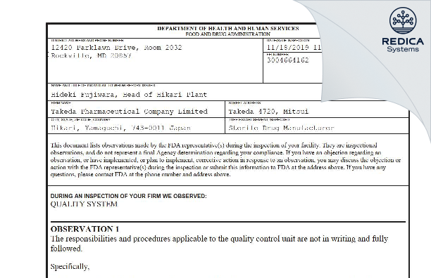 FDA 483 - Takeda Pharmaceutical Company Limited [Mitsui / Japan] - Download PDF - Redica Systems