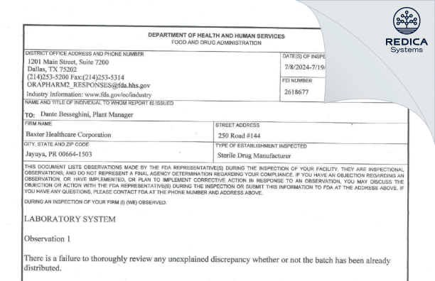 FDA 483 - Baxter Healthcare Corporation [Jayuya / Puerto Rico] - Download PDF - Redica Systems