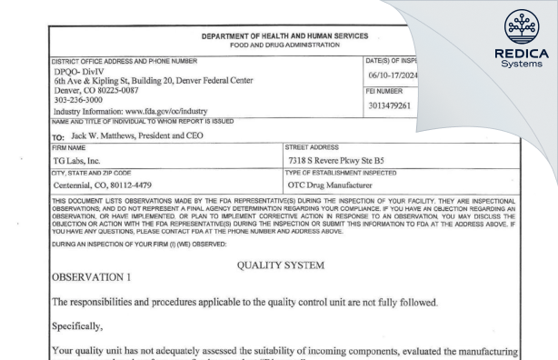 FDA 483 - TG Labs, Inc. [Centennial / United States of America] - Download PDF - Redica Systems