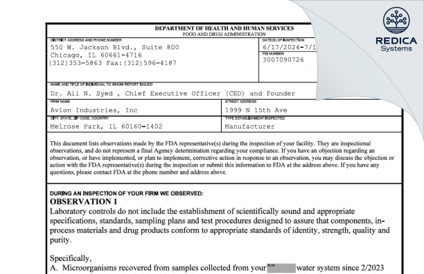 FDA 483 - Avlon Industries Inc [Melrose Park / United States of America] - Download PDF - Redica Systems