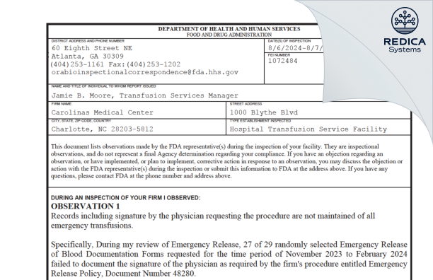 FDA 483 - Carolinas Medical Center [Charlotte / United States of America] - Download PDF - Redica Systems