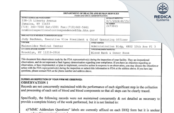 FDA 483 - Maimonides Medical Center [Brooklyn / United States of America] - Download PDF - Redica Systems