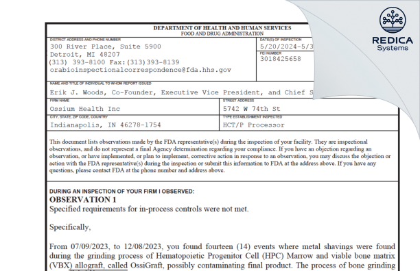 FDA 483 - Ossium Health Inc [Indianapolis / United States of America] - Download PDF - Redica Systems