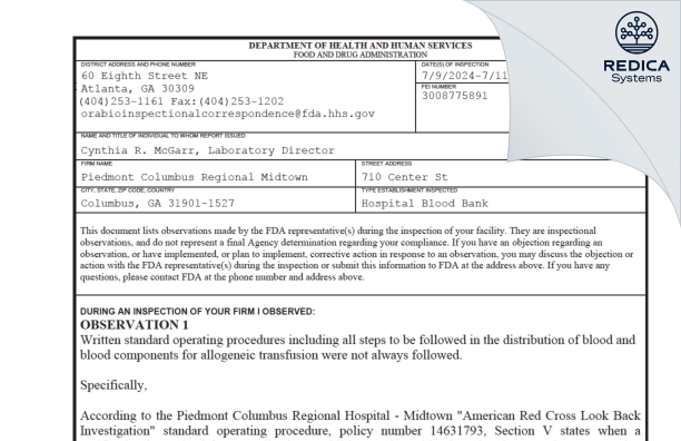 FDA 483 - Piedmont Columbus Regional Hospital - Midtown [Columbus / United States of America] - Download PDF - Redica Systems