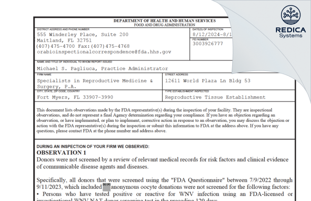 FDA 483 - Specialists in Reproductive Medicine & Surgery, P.A. [Fort Myers / United States of America] - Download PDF - Redica Systems