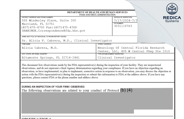 FDA 483 - Alicia Cabrera, M.D. [Altamonte Springs / United States of America] - Download PDF - Redica Systems