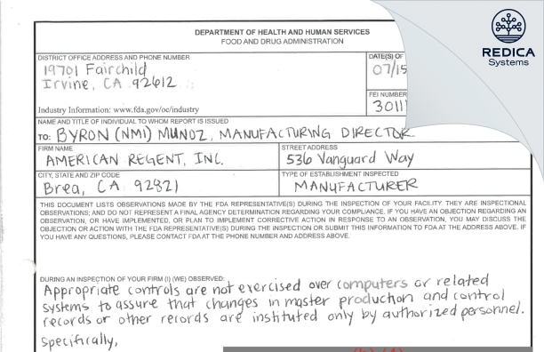 FDA 483 - American Regent, Inc. [Brea / United States of America] - Download PDF - Redica Systems