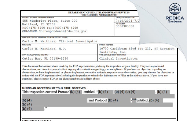 FDA 483 - Carlos M. Martinez, M.D. [Cutler Bay / United States of America] - Download PDF - Redica Systems