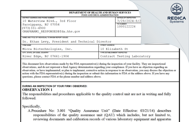 FDA 483 - Micra Biotechnologies Inc [River Edge / United States of America] - Download PDF - Redica Systems