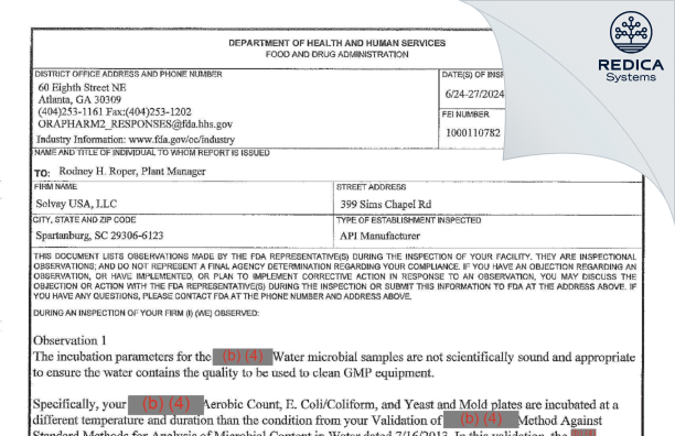 FDA 483 - Solvay USA Inc. [Spartanburg / United States of America] - Download PDF - Redica Systems