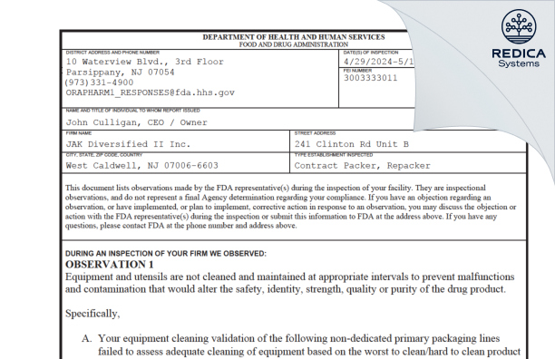 FDA 483 - JAK Diversified II, Inc. dba Multi-Pak Packaging [West Caldwell / United States of America] - Download PDF - Redica Systems