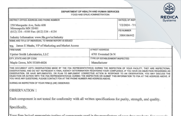 FDA 483 - Upsher-Smith Laboratories, LLC [Minneapolis / United States of America] - Download PDF - Redica Systems