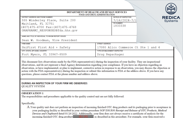 FDA 483 - Medique Products [Fort Myers / United States of America] - Download PDF - Redica Systems