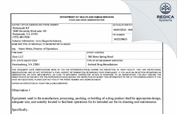 FDA 483 - ZECO, LLC [Harrisonburg / United States of America] - Download PDF - Redica Systems