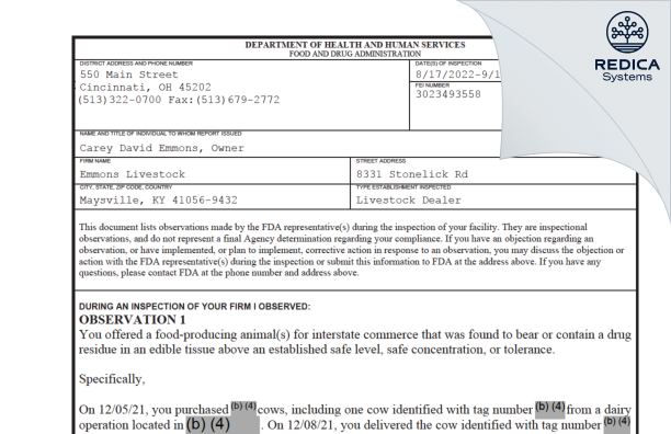 FDA 483 - Emmons Livestock [Maysville / United States of America] - Download PDF - Redica Systems