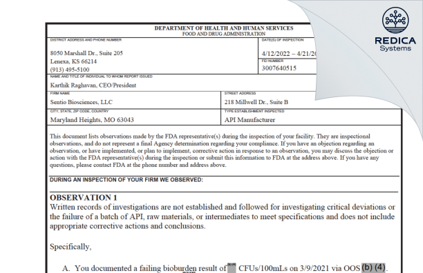 FDA 483 - Sentio BioSciences LLC [Maryland Heights / United States of America] - Download PDF - Redica Systems