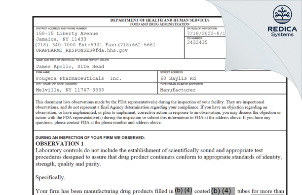 FDA 483 - Fougera Pharmaceuticals Inc. [Melville / United States of America] - Download PDF - Redica Systems