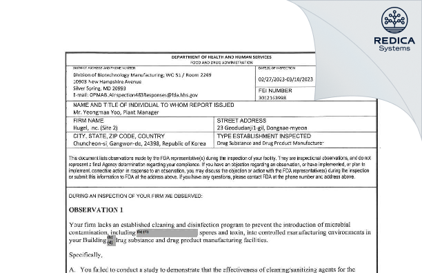 FDA 483 - Hugel, Inc. [Dongnae-Myeon / Korea (Republic of)] - Download PDF - Redica Systems