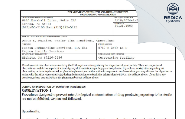 FDA 483 - Fagron Compounding Services [Wichita / United States of America] - Download PDF - Redica Systems