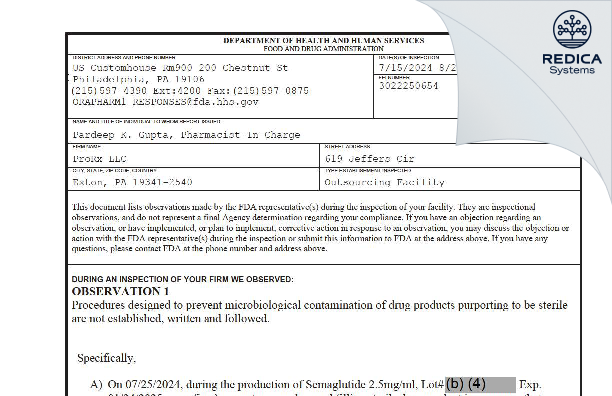 FDA 483 - ProRx LLC [Exton / United States of America] - Download PDF - Redica Systems