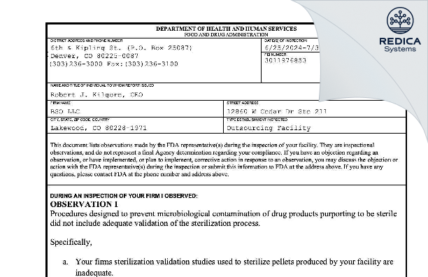 FDA 483 - BSO LLC [Lakewood / United States of America] - Download PDF - Redica Systems