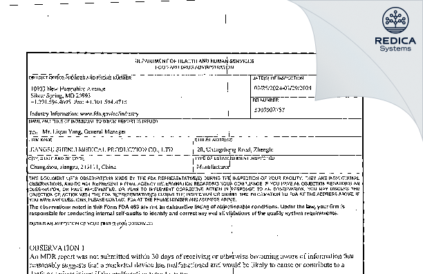 FDA 483 - Jiangsu Shenli Medical Production Co., Ltd. [Zhenglu / China] - Download PDF - Redica Systems