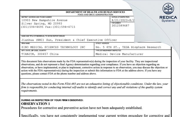 FDA 483 - SINO MEDICAL SCIENCES TECHNOLOGY INC [Tianjin / China] - Download PDF - Redica Systems