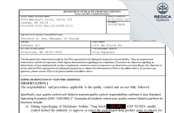 FDA 483 - REPHARM LLC [Riverside / United States of America] - Download PDF - Redica Systems