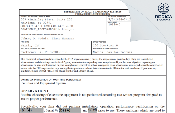 FDA 483 - Nexair, LLC [Jacksonville / United States of America] - Download PDF - Redica Systems