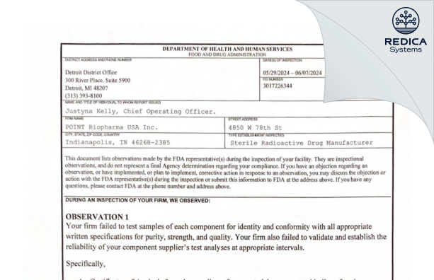 FDA 483 - POINT Biopharma USA Inc. [Indianapolis / United States of America] - Download PDF - Redica Systems