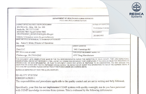 FDA 483 - ZECO, LLC [Chattanooga / United States of America] - Download PDF - Redica Systems