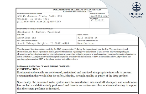 FDA 483 - Essations, Inc [South Chicago Heights / United States of America] - Download PDF - Redica Systems